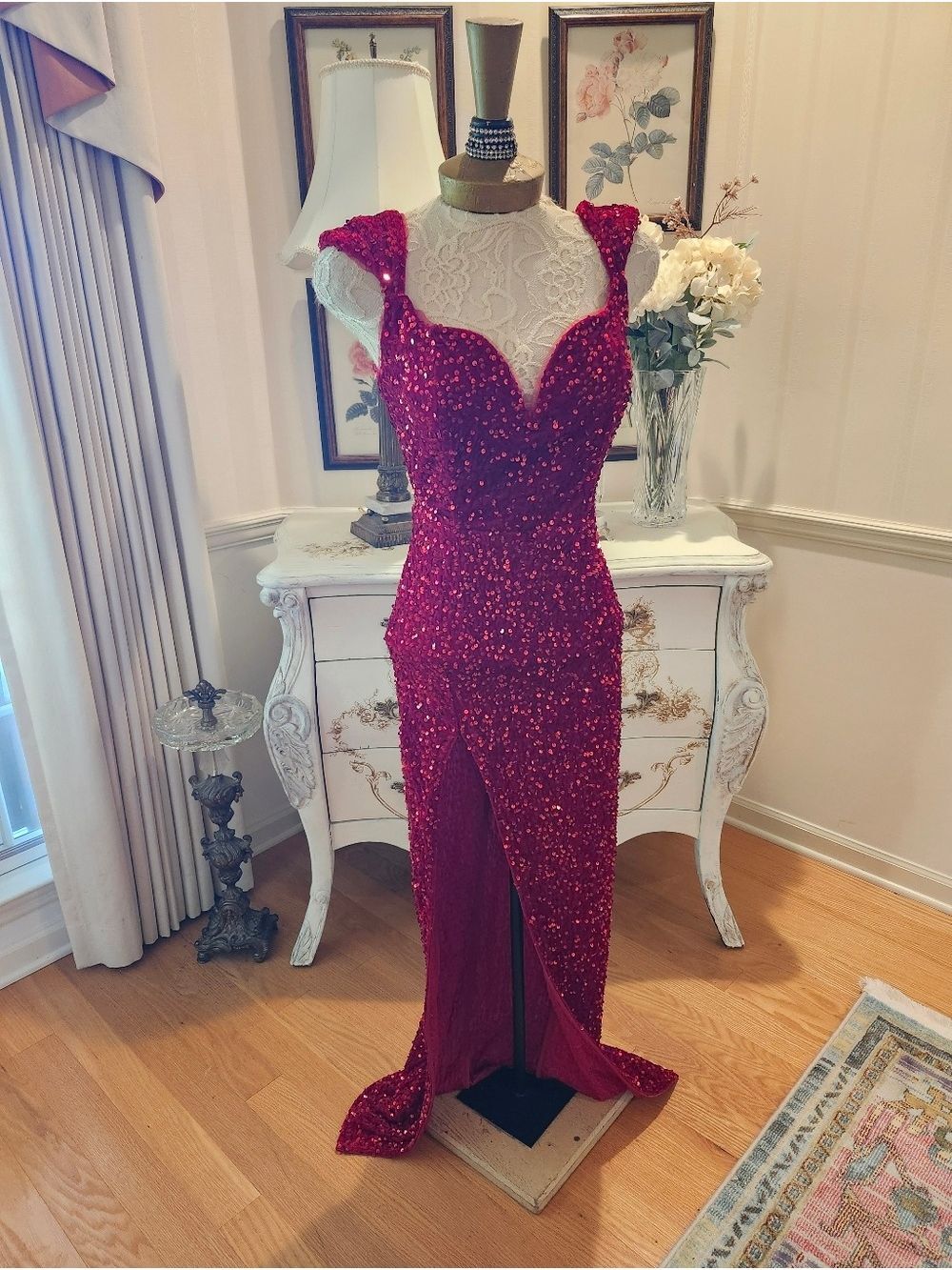Crimson Stretch Velvet Sequin Jessica Rabbit Evening Dress Gown L